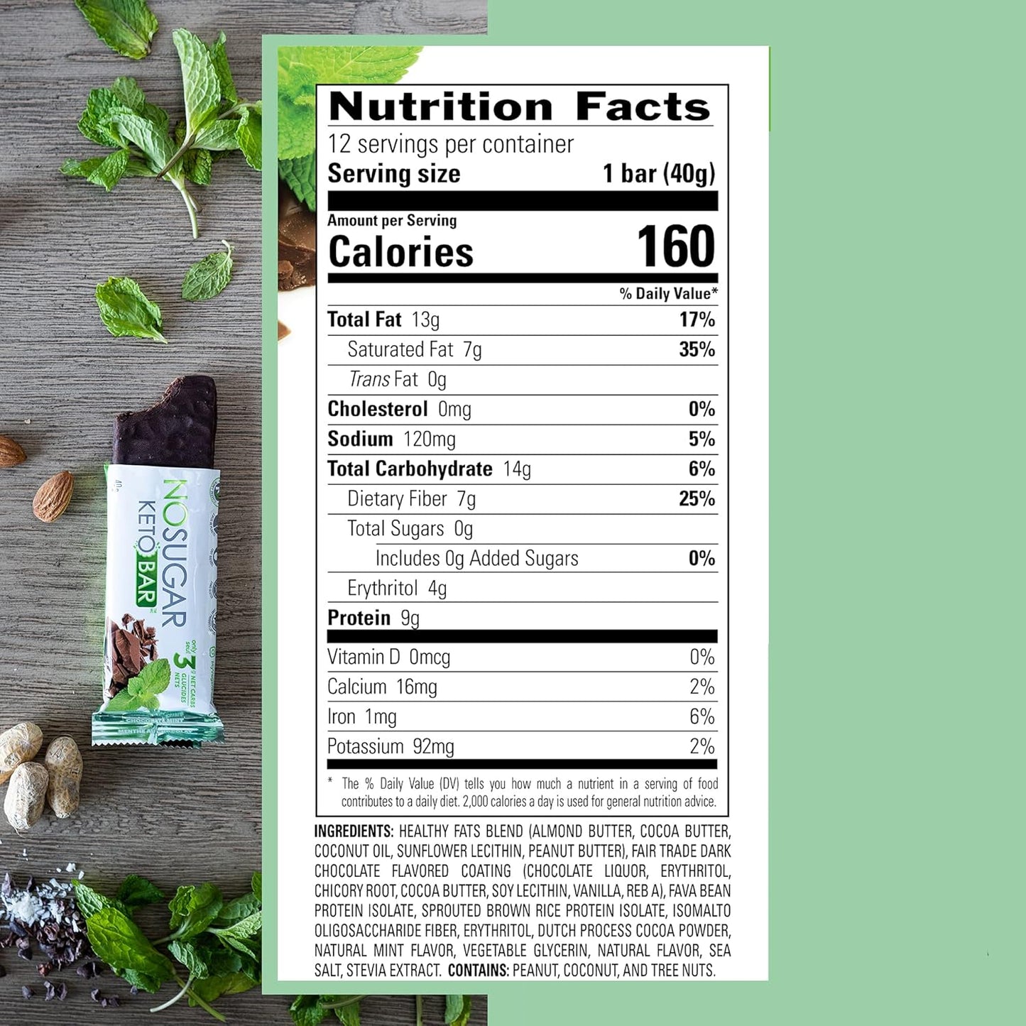 Low Carb No Sugar Keto Bar Snack - Chocolate Mint Flavor (12 Bars, 1.41oz each)