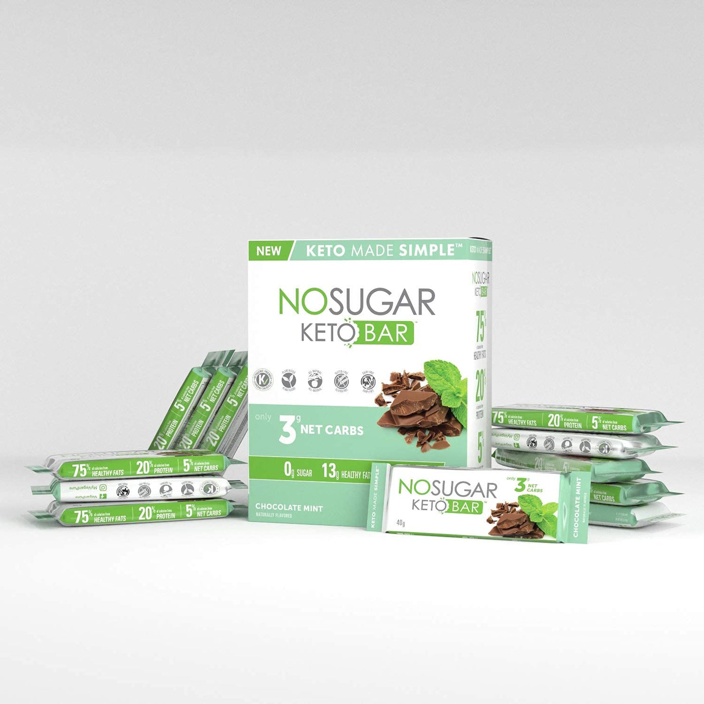 Low Carb No Sugar Keto Bar Snack - Chocolate Mint Flavor (12 Bars, 1.41oz each)