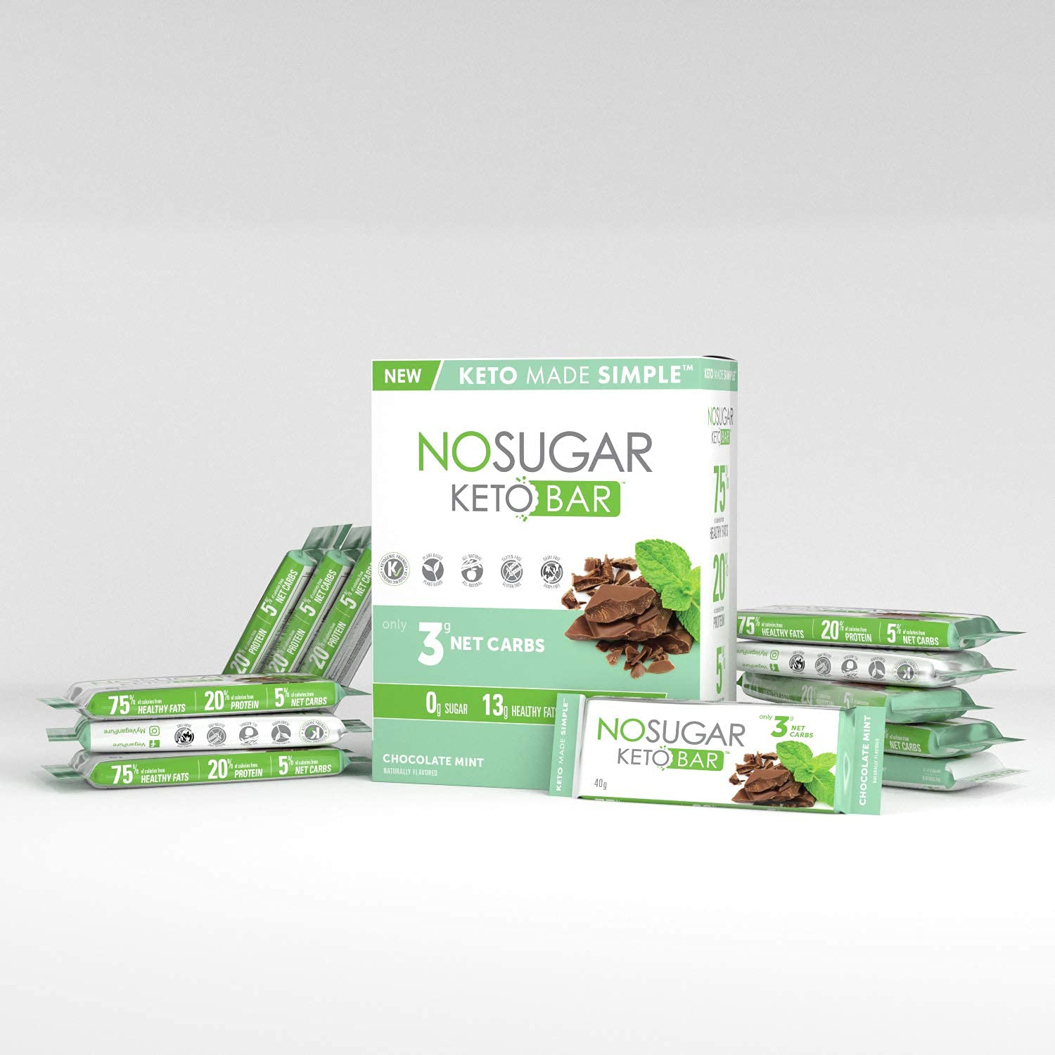 Low Carb No Sugar Keto Bar Snack - Chocolate Mint Flavor (12 Bars, 1.41oz each)