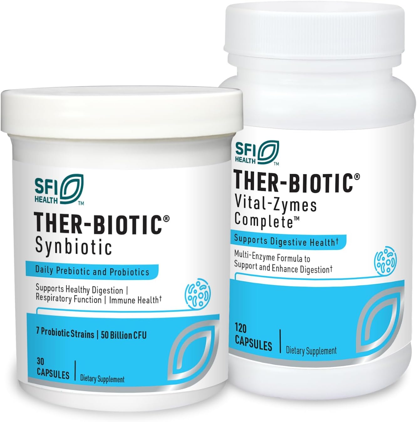 Low-FODMAP Probiotic & Digestive Enzymes Bundle - Klaire Labs Ther-Biotic + Vital-Zymes - 30 Capsules + 120 Count - Gut Health Support