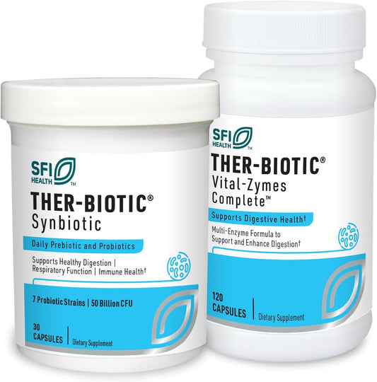 Low-FODMAP Probiotic & Digestive Enzymes Bundle - Klaire Labs Ther-Biotic + Vital-Zymes - 30 Capsules + 120 Count - Gut Health Support
