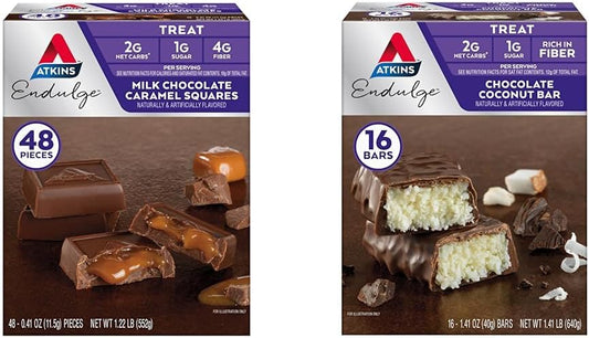 Low Sugar Dessert Favorites: Atkins Endulge Milk Chocolate Caramel Squares (48 Count) & Chocolate Coconut Bars (16 Count)