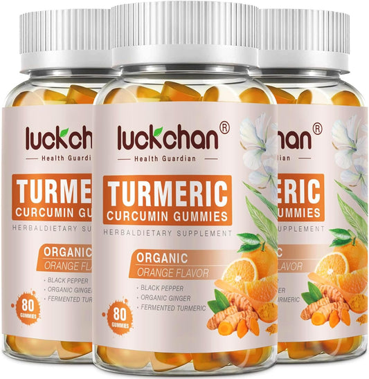 Luckchan Turmeric Curcumin Gummies with Ginger & Black Pepper - 2400mg, 160 Count - Vegan, Organic Gummy Supplements for Adults and Kids - Gelatin-Free - 3 Pack
