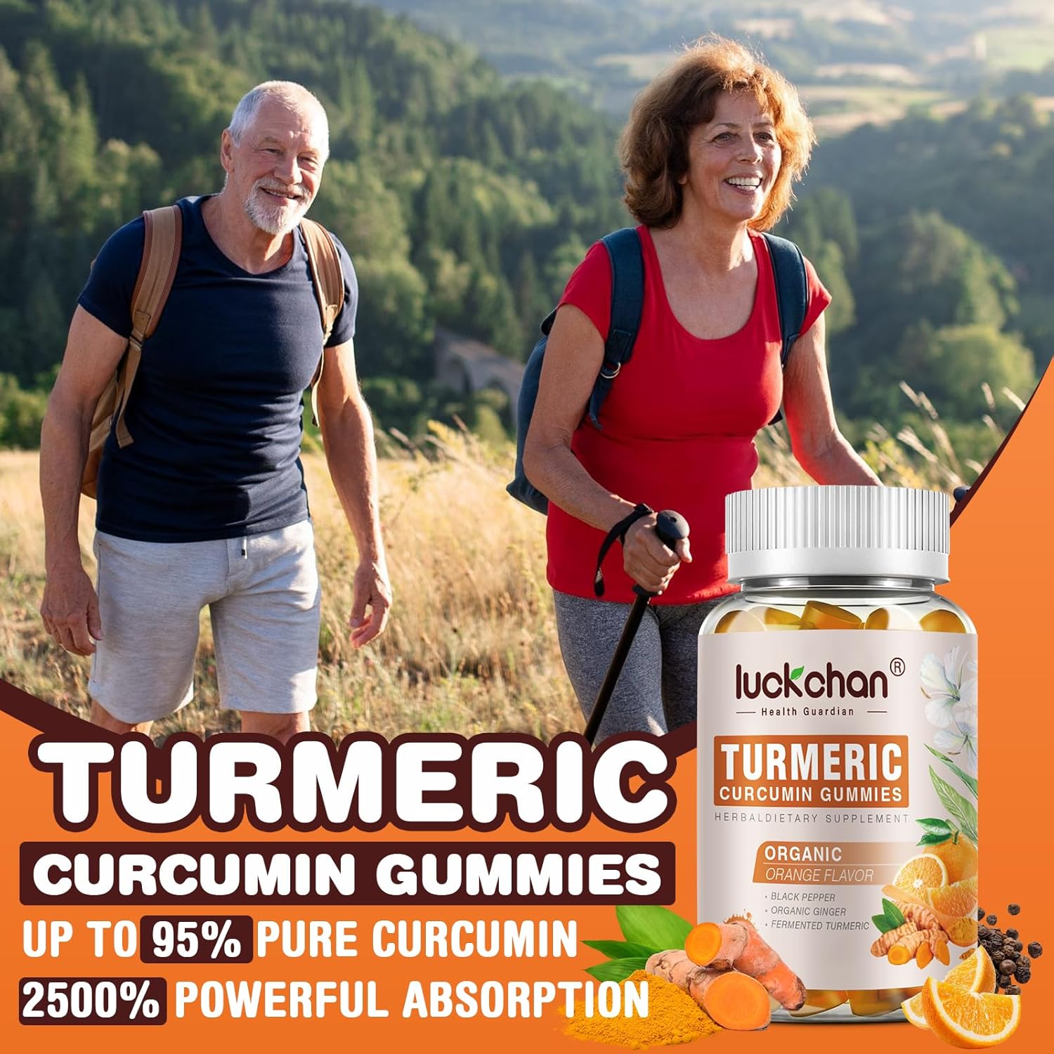 Luckchan Turmeric Curcumin Gummies with Ginger & Black Pepper - 2400mg, 160 Count - Vegan, Organic Gummy Supplements for Adults and Kids - Gelatin-Free - 3 Pack