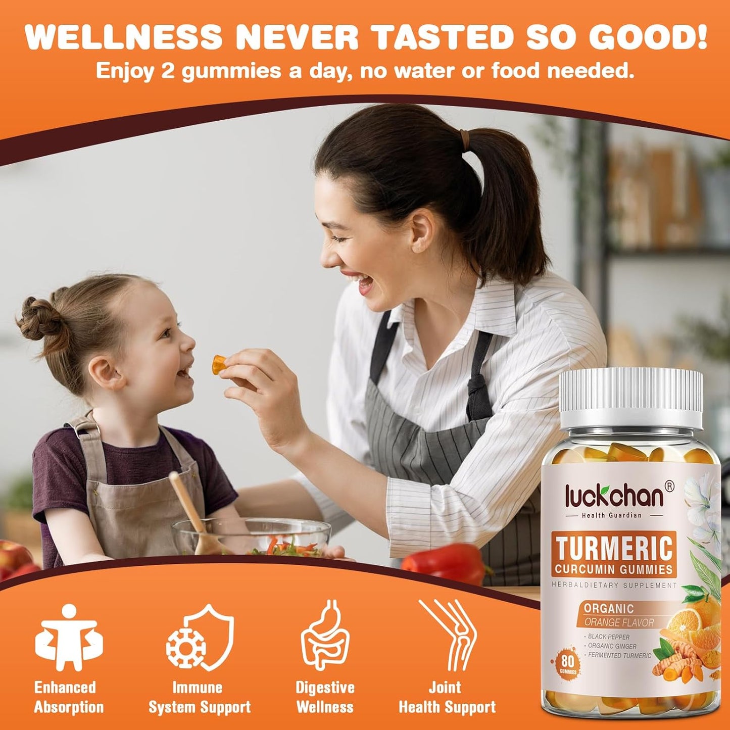 Luckchan Turmeric Curcumin Gummies with Ginger & Black Pepper - 2400mg, 160 Count - Vegan, Organic Gummy Supplements for Adults and Kids - Gelatin-Free - 3 Pack