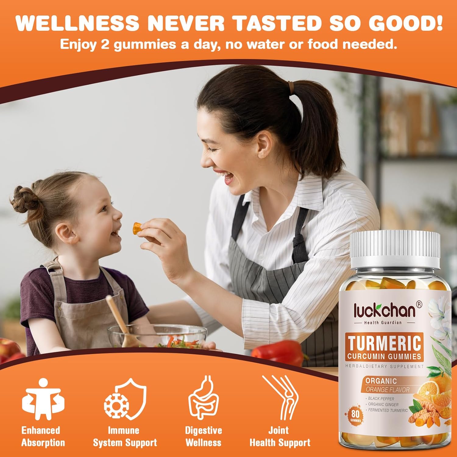 Luckchan Turmeric Curcumin Gummies with Ginger & Black Pepper - 2400mg, 160 Count - Vegan, Organic Gummy Supplements for Adults and Kids - Gelatin-Free - 3 Pack