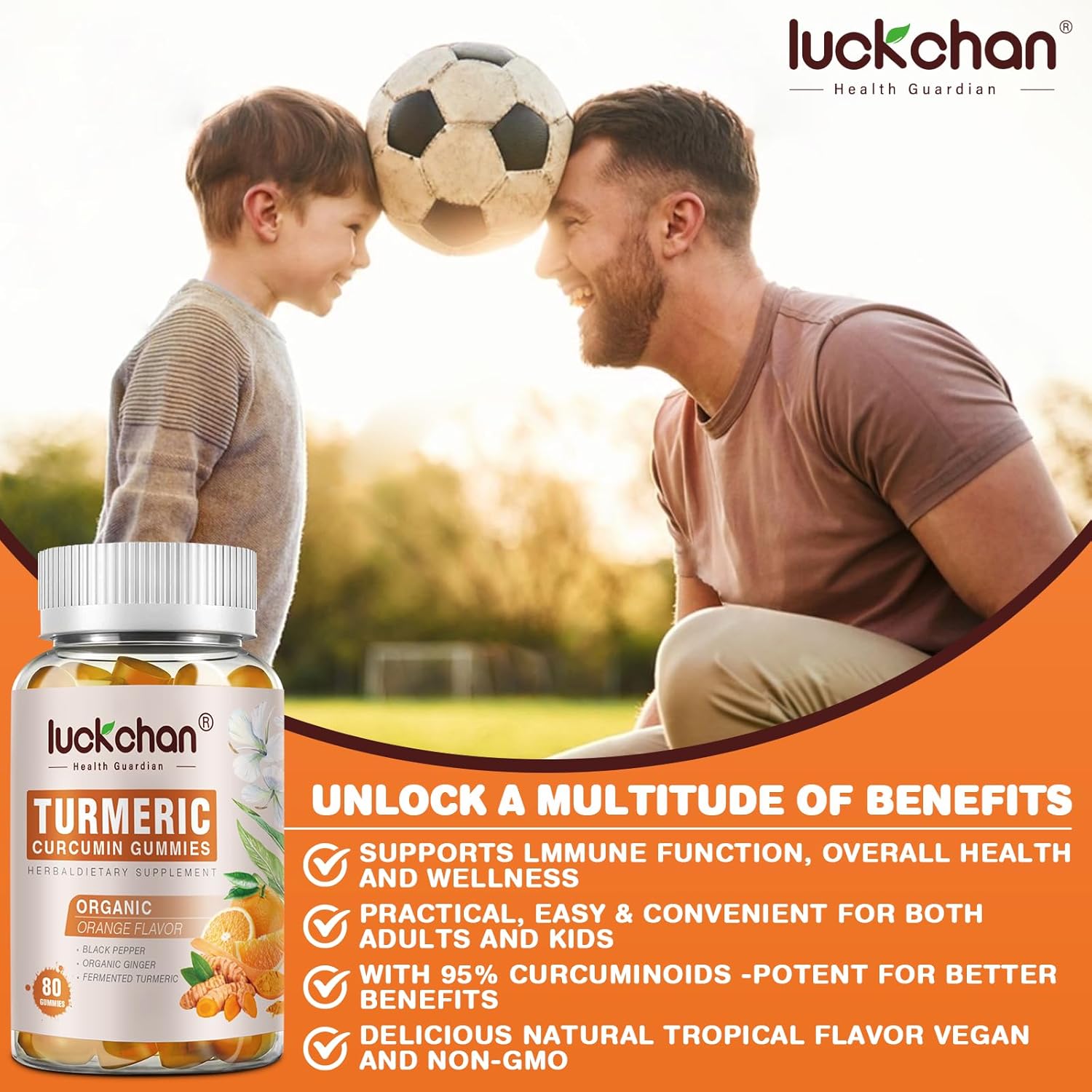 Luckchan Turmeric Curcumin Gummies with Ginger & Black Pepper - 2400mg, 160 Count - Vegan, Organic Gummy Supplements for Adults and Kids - Gelatin-Free - 3 Pack