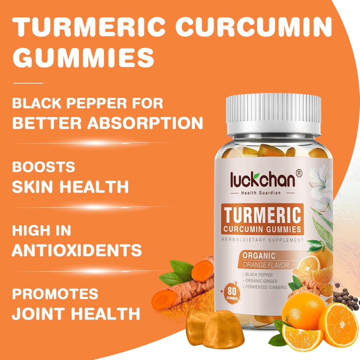 Luckchan Turmeric Curcumin Gummies with Ginger & Black Pepper - 2400mg, 160 Count - Vegan, Organic Gummy Supplements for Adults and Kids - Gelatin-Free - 3 Pack
