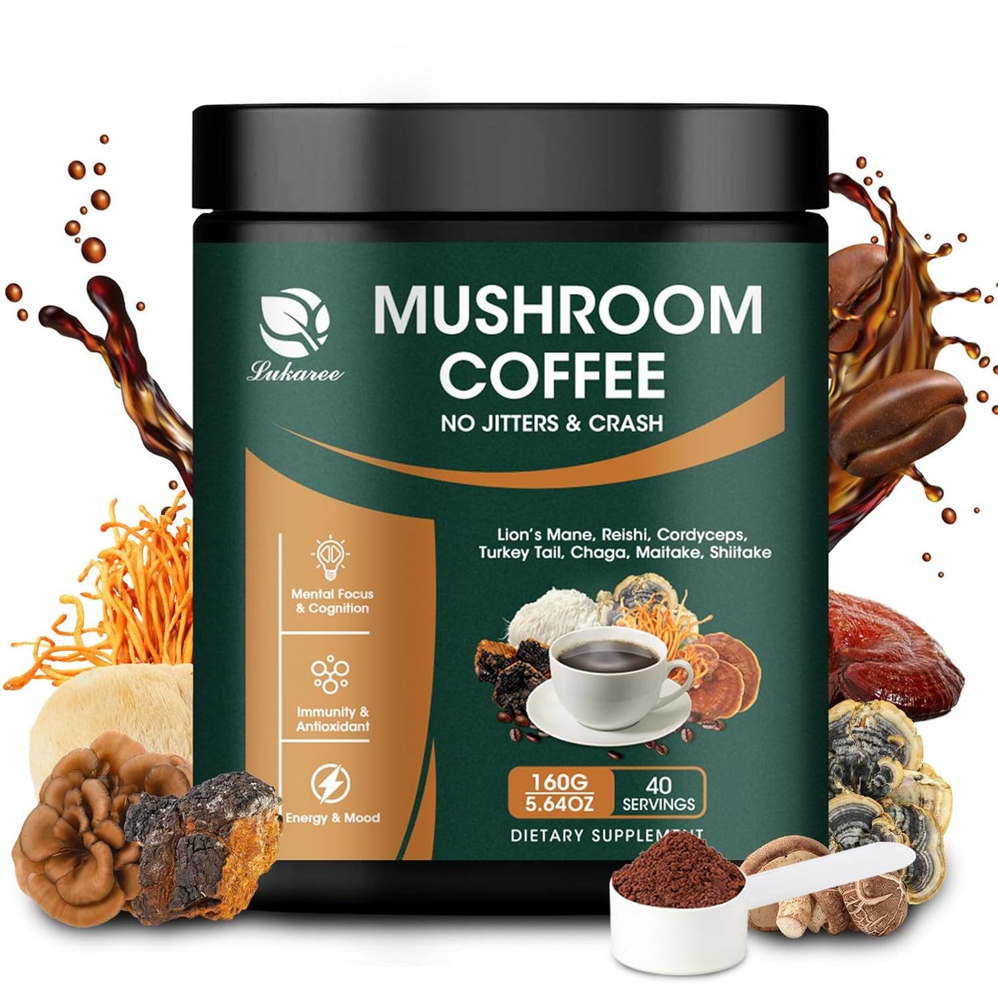 Lukaree 14-in-1 Mushroom Coffee Blend with Arabica Coffee and Superfood Mushrooms for Energy and Immunity Boost 5.64 oz