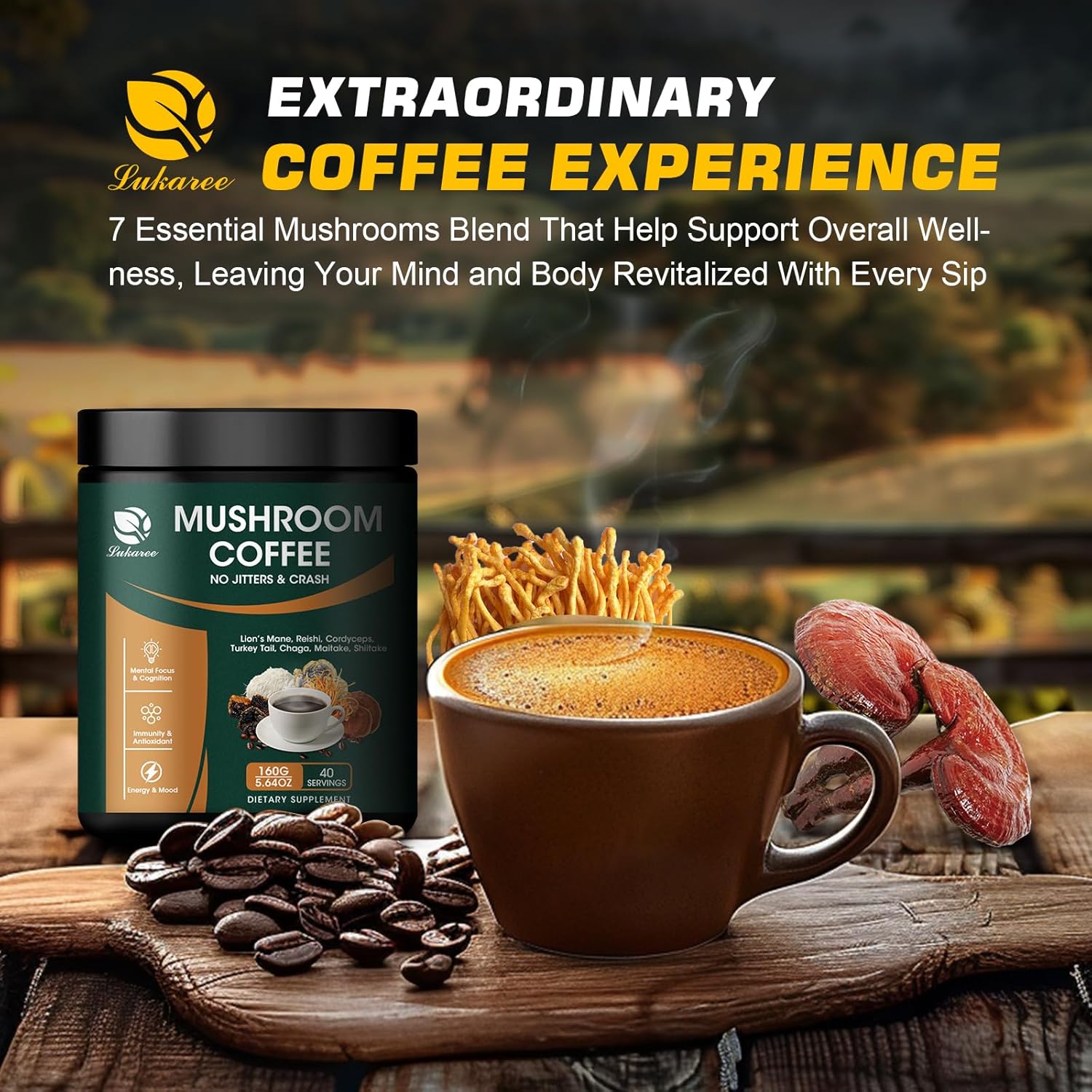 Lukaree 14-in-1 Mushroom Coffee Blend with Arabica Coffee and Superfood Mushrooms for Energy and Immunity Boost 5.64 oz