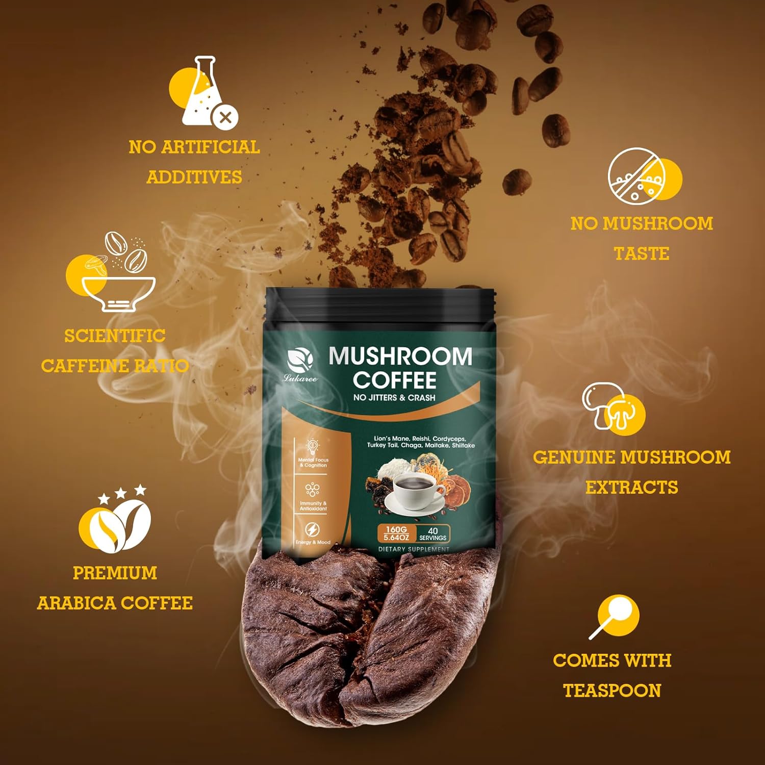 Lukaree 14-in-1 Mushroom Coffee Blend with Arabica Coffee and Superfood Mushrooms for Energy and Immunity Boost 5.64 oz