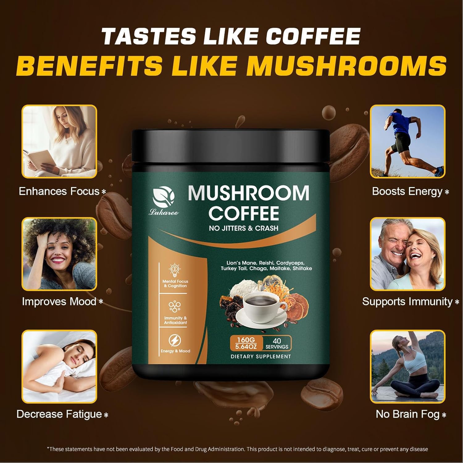 Lukaree 14-in-1 Mushroom Coffee Blend with Arabica Coffee and Superfood Mushrooms for Energy and Immunity Boost 5.64 oz