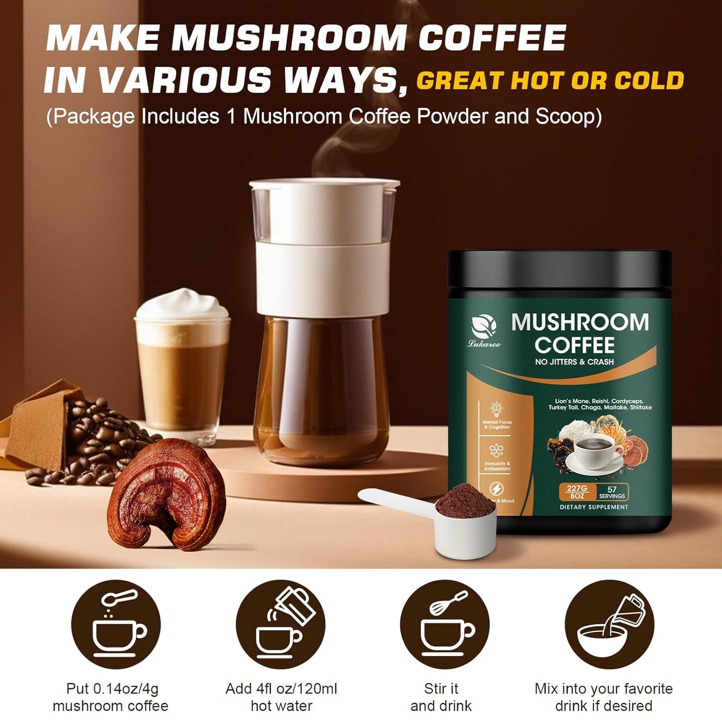 Lukaree 14-in-1 Mushroom Coffee Blend with Arabica Coffee Powder - Focus, Energy, and Immunity Boost - 8 oz