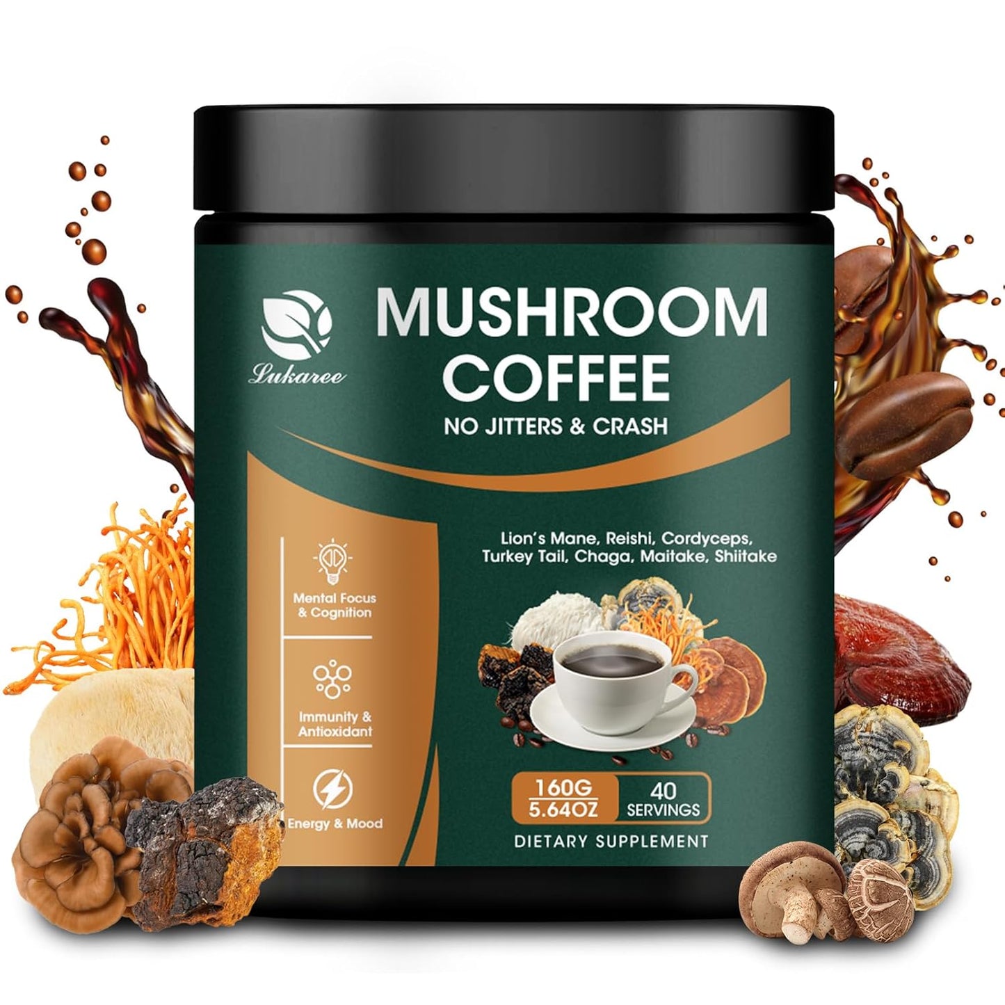 Lukaree 14-in-1 Mushroom Coffee Blend with Arabica Coffee and Superfood Mushrooms for Energy and Immunity Boost 5.64 oz