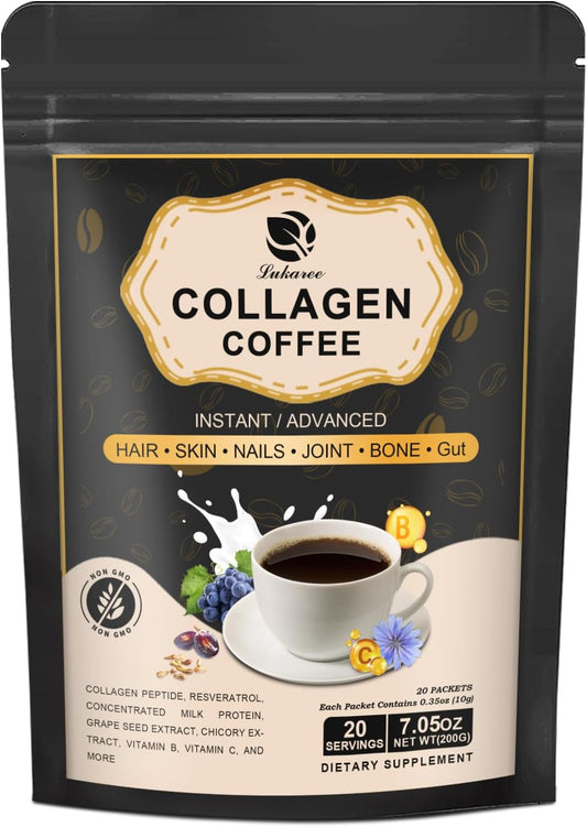 Lukaree Instant Collagen Coffee with Vitamin C, B7, B9, Resveratrol, Carnosine - Collagen Peptide Powder for Hair, Skin, Nails, and Bones