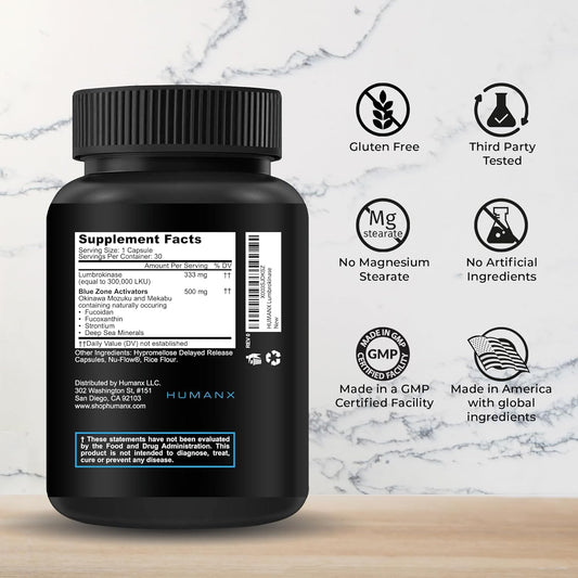 Lumbrokinase+ 300,000 LKU Bloodflow Support Supplement with Blue Zone Activators - Enzymes Enhanced with Fucoidan, Fucoxanthin, and Sea Minerals - Made in USA