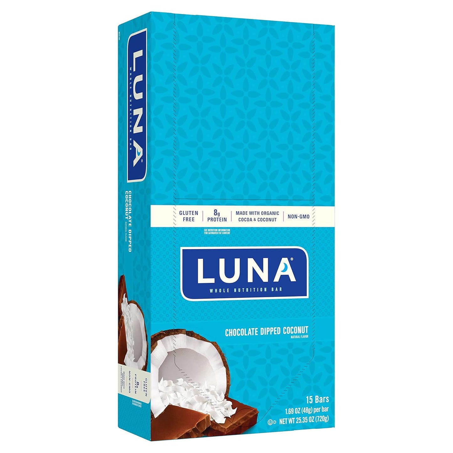 LUNA BAR Chocolate Dipped Coconut Flavor - 15 Count Gluten-Free Snack Bars with 8g Protein - Non-GMO Plant-Based On-the-Go Snacking