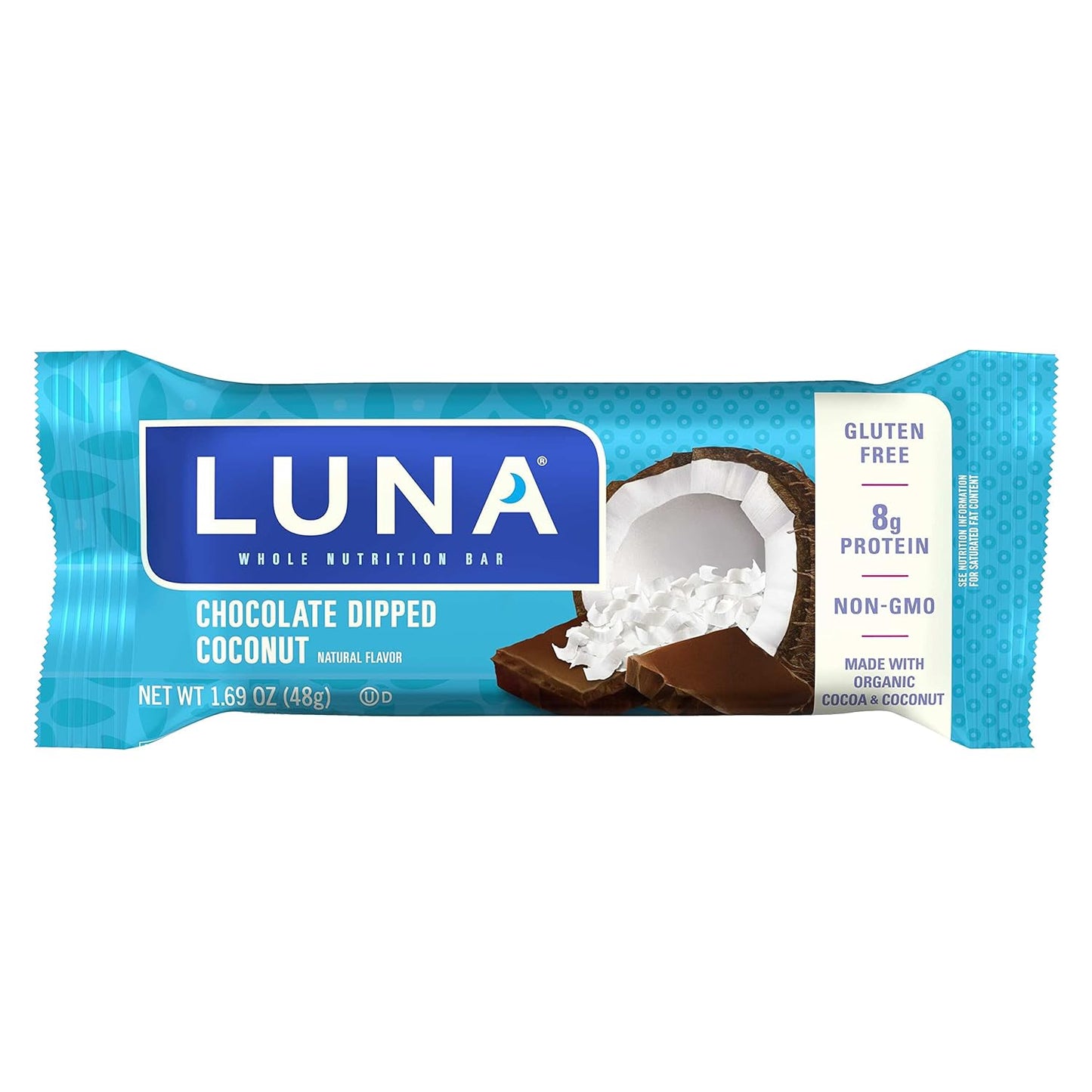 LUNA BAR Chocolate Dipped Coconut Flavor - 15 Count Gluten-Free Snack Bars with 8g Protein - Non-GMO Plant-Based On-the-Go Snacking
