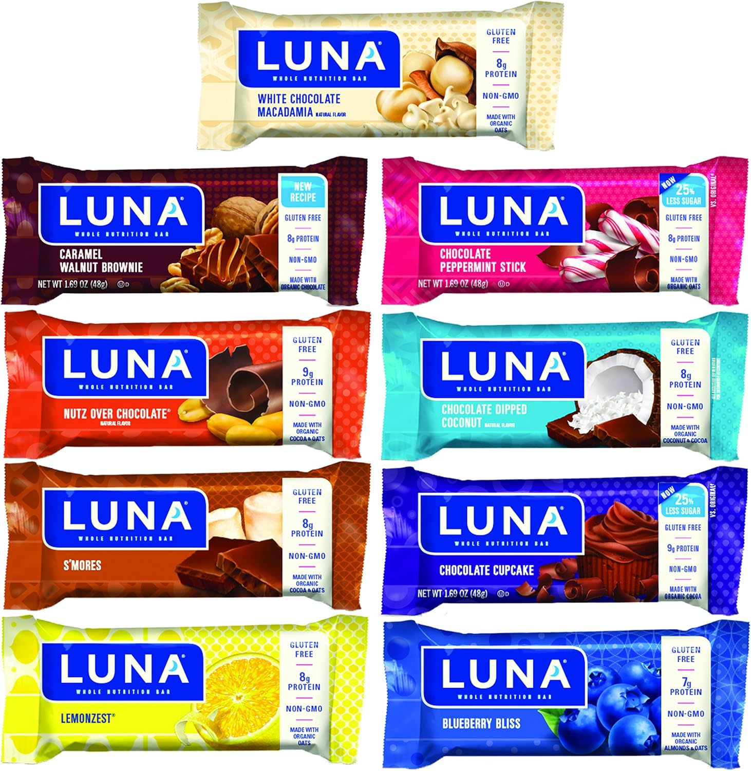 LUNA BAR Gluten-Free Snack Bars Variety Pack with 7-9g Protein - Non-GMO Plant-Based On-the-Go Snacks - 9 Count Pack of 1.69 oz Bars