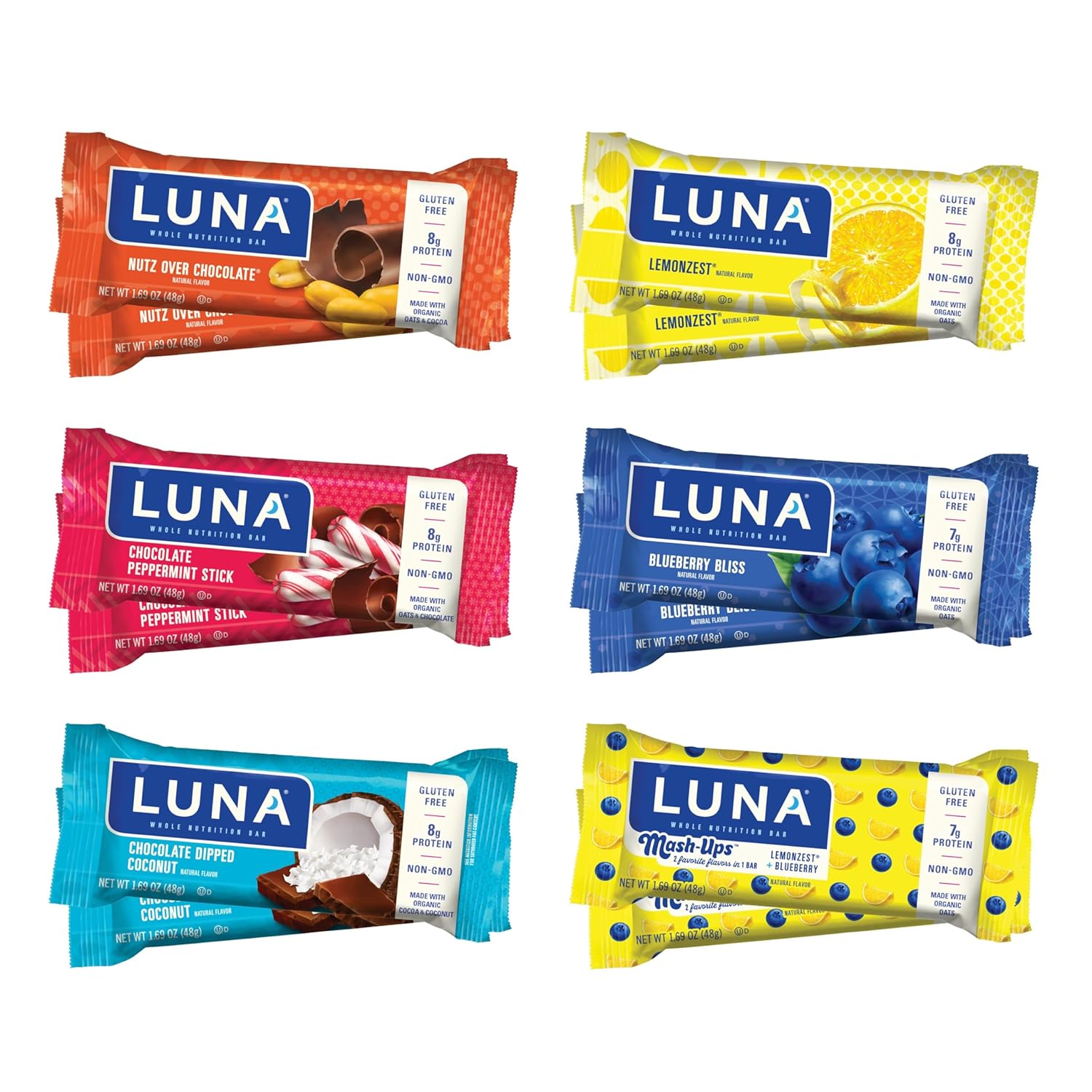 LUNA Bar Variety Pack - Gluten-Free Non-GMO Snack Bars with Organic Oats - 12 Count Pack - High Protein - Low Glycemic - Whole Nutrition