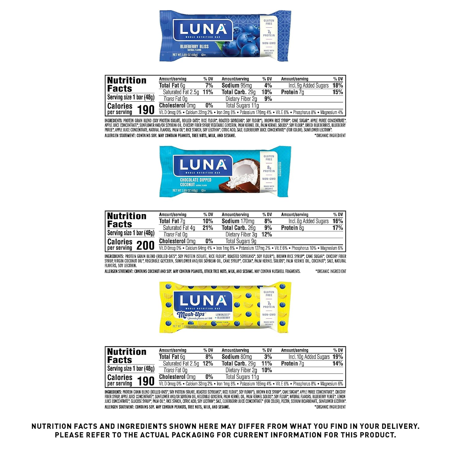 LUNA Bar Variety Pack - Gluten-Free Non-GMO Snack Bars with Organic Oats - 12 Count Pack - High Protein - Low Glycemic - Whole Nutrition