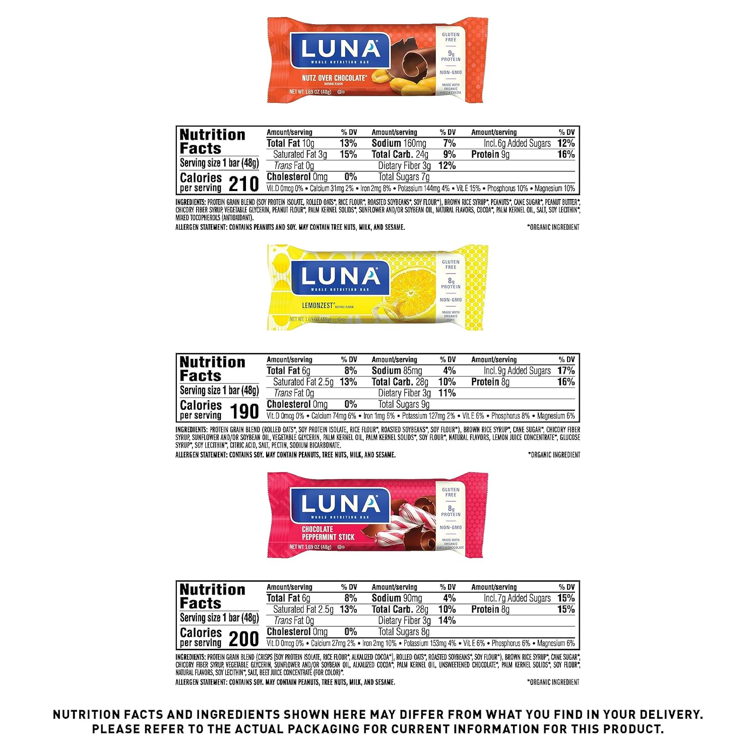 LUNA Bar Variety Pack - Gluten-Free Non-GMO Snack Bars with Organic Oats - 12 Count Pack - High Protein - Low Glycemic - Whole Nutrition