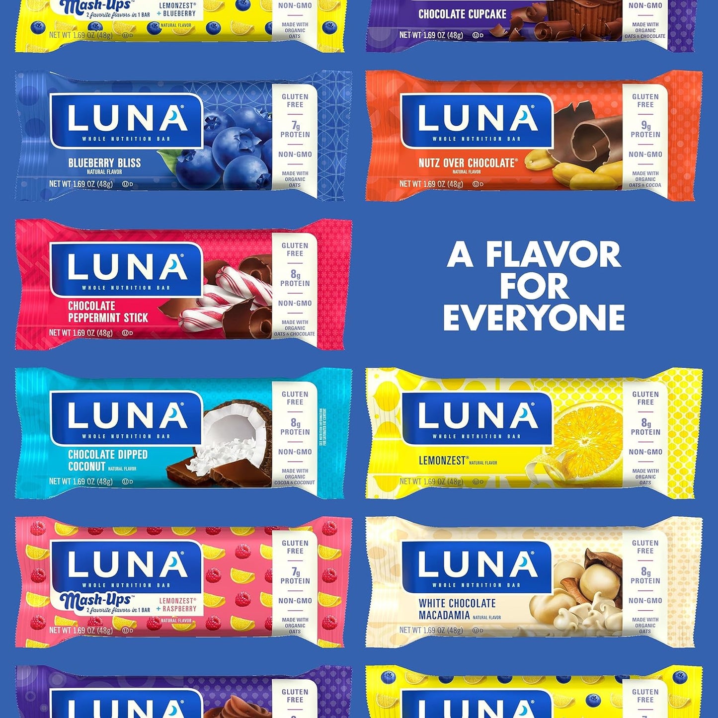 LUNA Bar Variety Pack - Gluten-Free Non-GMO Snack Bars with Organic Oats - 12 Count Pack - High Protein - Low Glycemic - Whole Nutrition