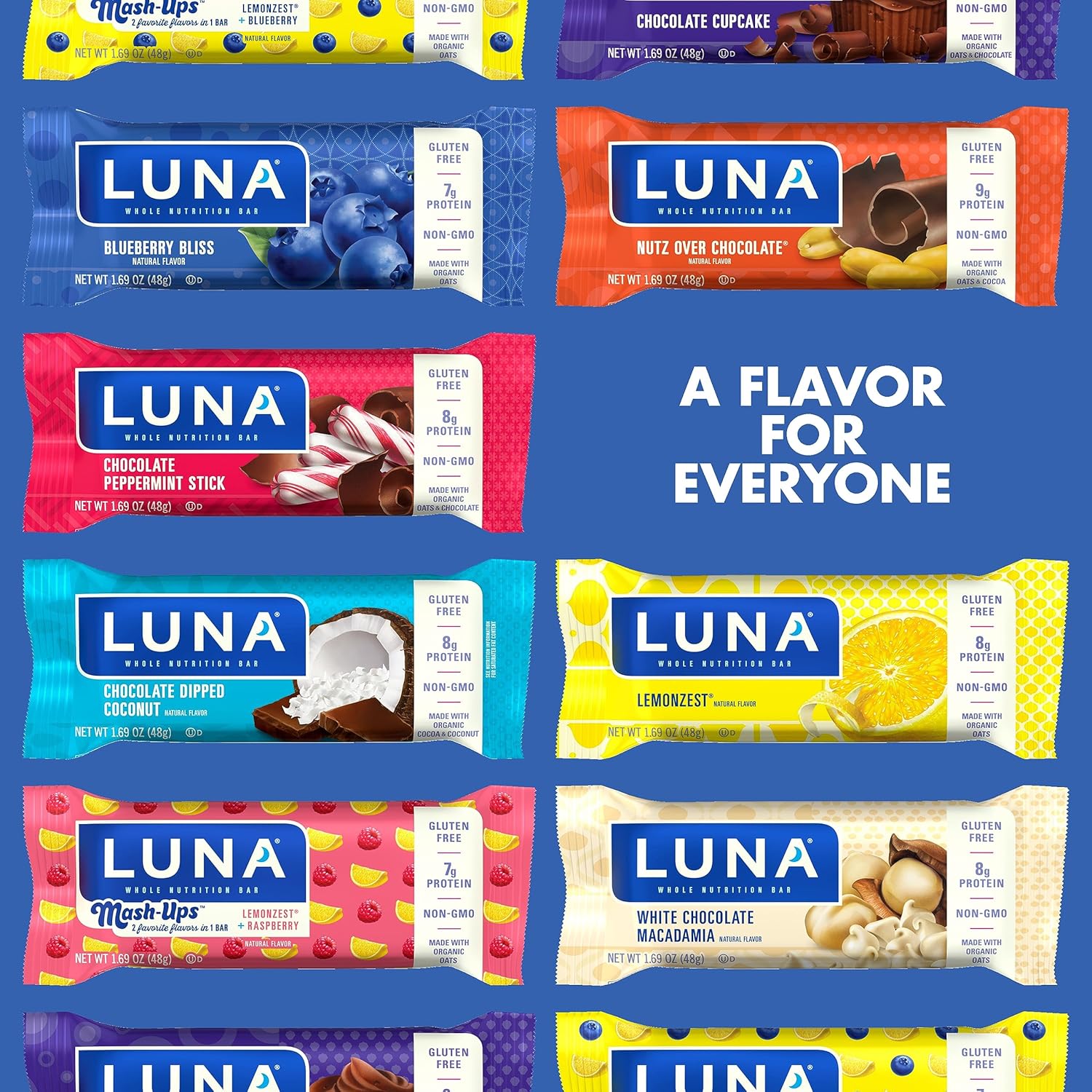 LUNA Bar Variety Pack - Gluten-Free Non-GMO Snack Bars with Organic Oats - 12 Count Pack - High Protein - Low Glycemic - Whole Nutrition