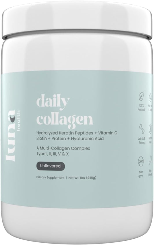 Luna Health Multi Collagen Protein Powder with Keratin, Vitamin C, Biotin, and Hyaluronic Acid for Anti-Aging, Hair Growth, and Joint Support - Non-GMO, Grass-Fed, Hormone-Free - 120g