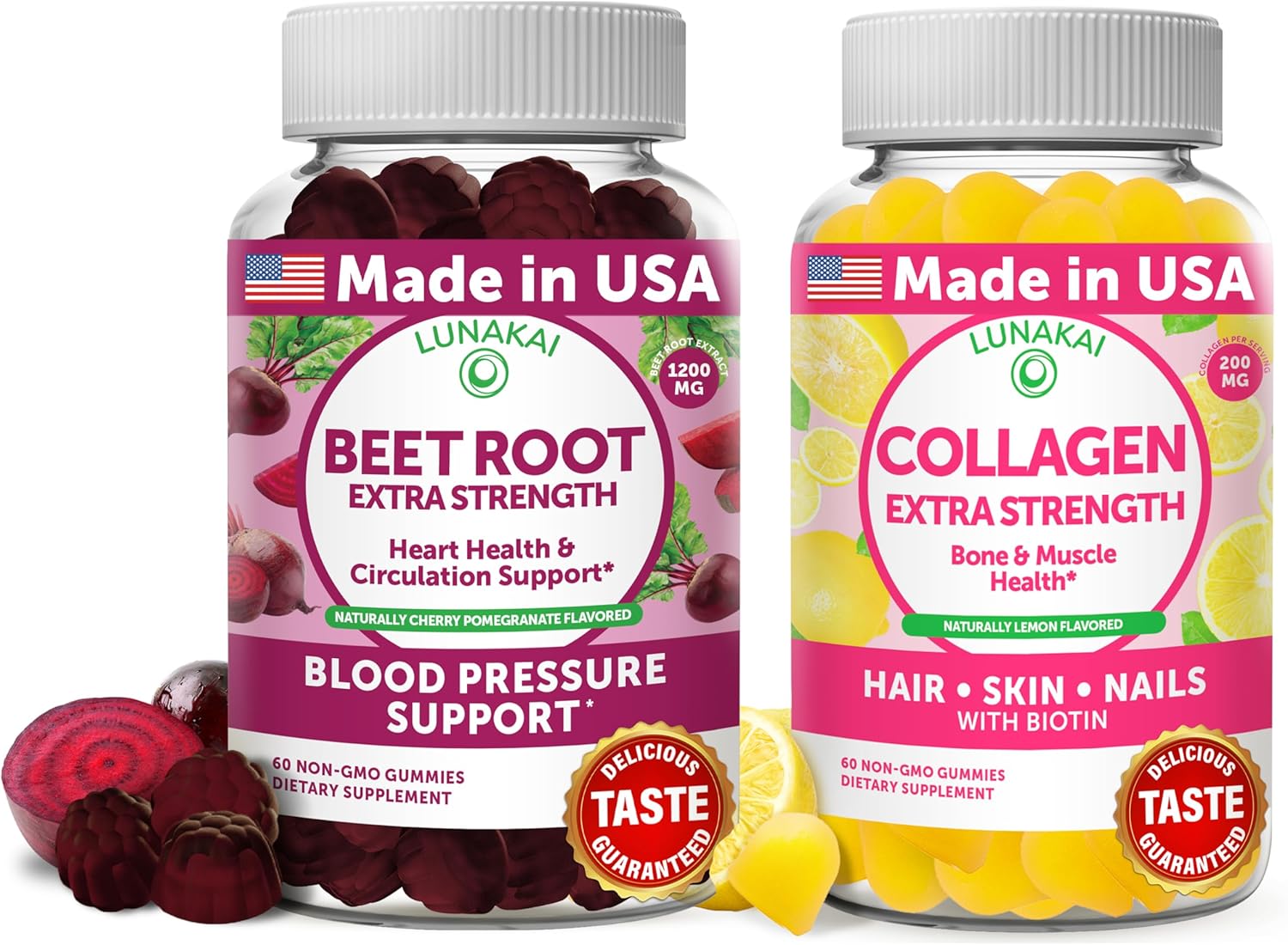 Lunakai Beet Root and Collagen Gummies Bundle with Biotin, Zinc, Vitamin C & E - Anti Aging Supplement for Men and Women