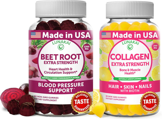 Lunakai Beet Root and Collagen Gummies Bundle with Biotin, Zinc, Vitamin C & E - Anti Aging Supplement for Men and Women