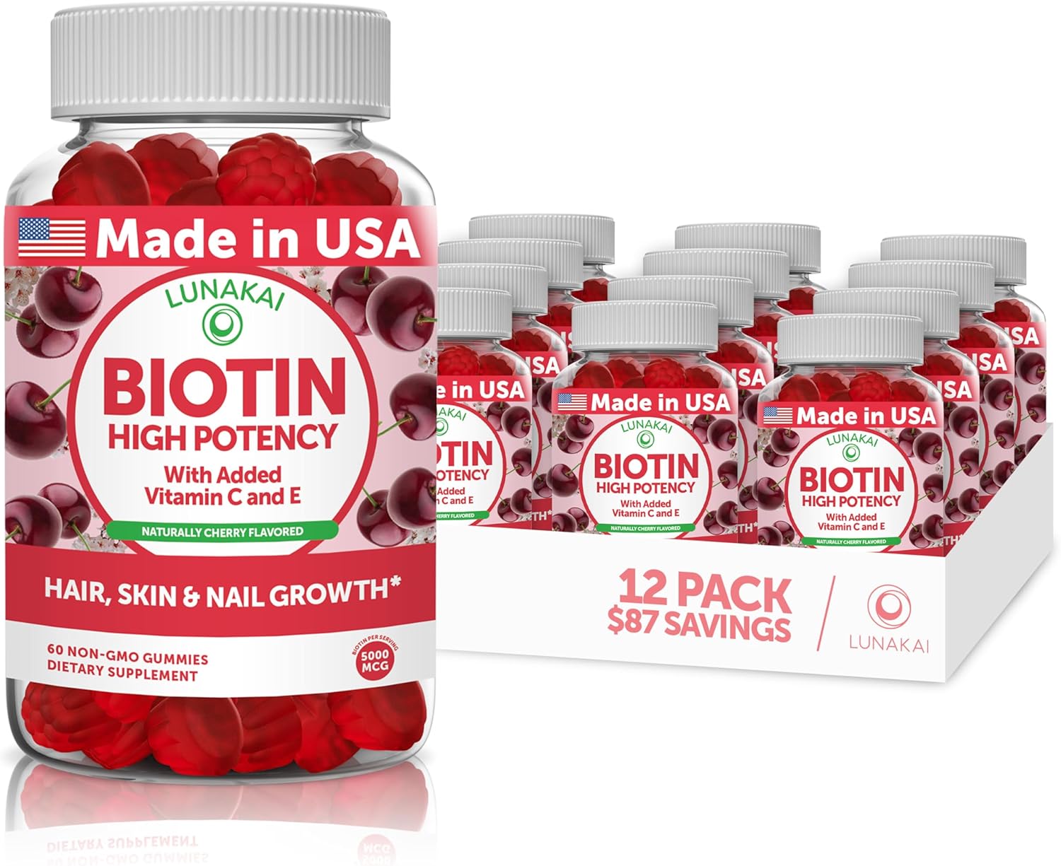 Lunakai Biotin Gummies: Tasty 5000mcg Hair Skin & Nails Vitamins for Women - Vegan 12 Pack with Vitamin C & E Formula