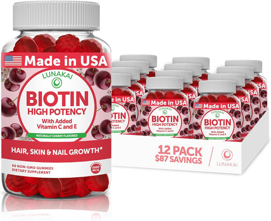 Lunakai Biotin Gummies: Tasty 5000mcg Hair Skin & Nails Vitamins for Women - Vegan 12 Pack with Vitamin C & E Formula