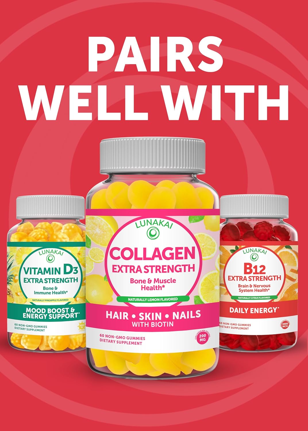 Lunakai Biotin Gummies: Tasty 5000mcg Hair Skin & Nails Vitamins for Women - Vegan 12 Pack with Vitamin C & E Formula