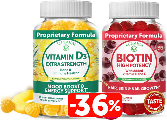 Lunakai Hair, Skin, and Nails Growth Gummies Bundle with Biotin, Vitamin D3, C, and E - Immunity, Bone, and Mood Support - 30 Days Supply