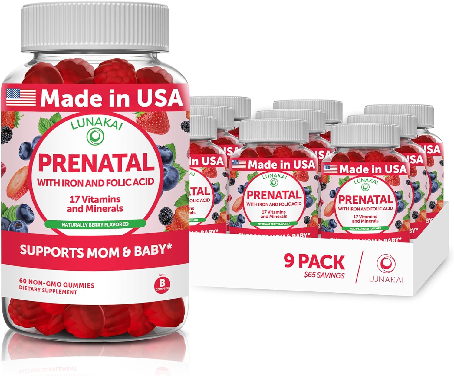 Lunakai Prenatal Vitamin Gummies for Women - Iron, Folic Acid, VIT.A, B Complex, C, D, E, Zinc - Tastiest Daily Pregnancy Multivitamin - Non-GMO, 9 Pack