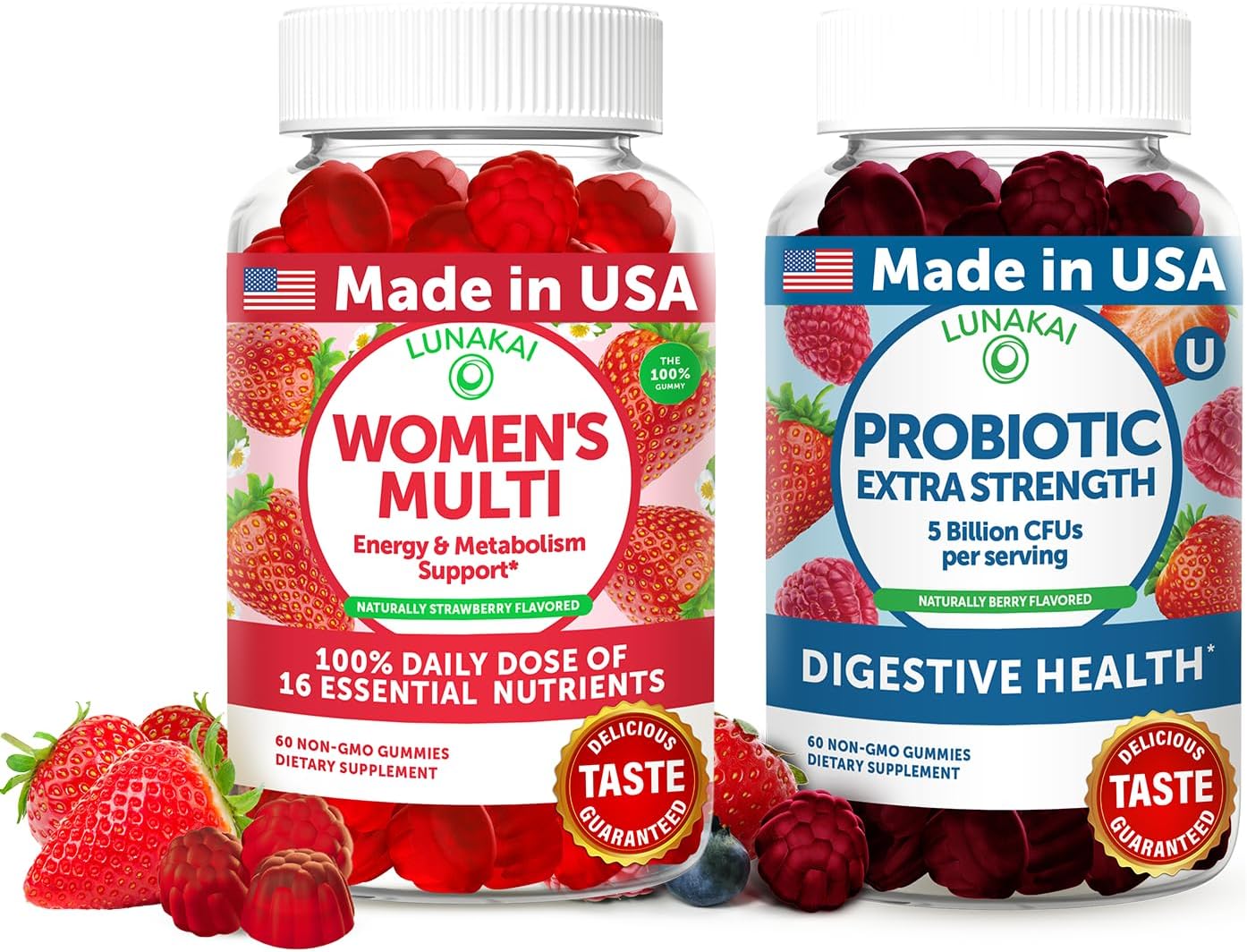 Lunakai USA Made Women's Multivitamin and Probiotic Gummies Bundle - 16 Multivitamins and Probiotics for Digestive Health - 60ct Each