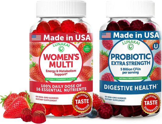 Lunakai USA Made Women's Multivitamin and Probiotic Gummies Bundle - 16 Multivitamins and Probiotics for Digestive Health - 60ct Each