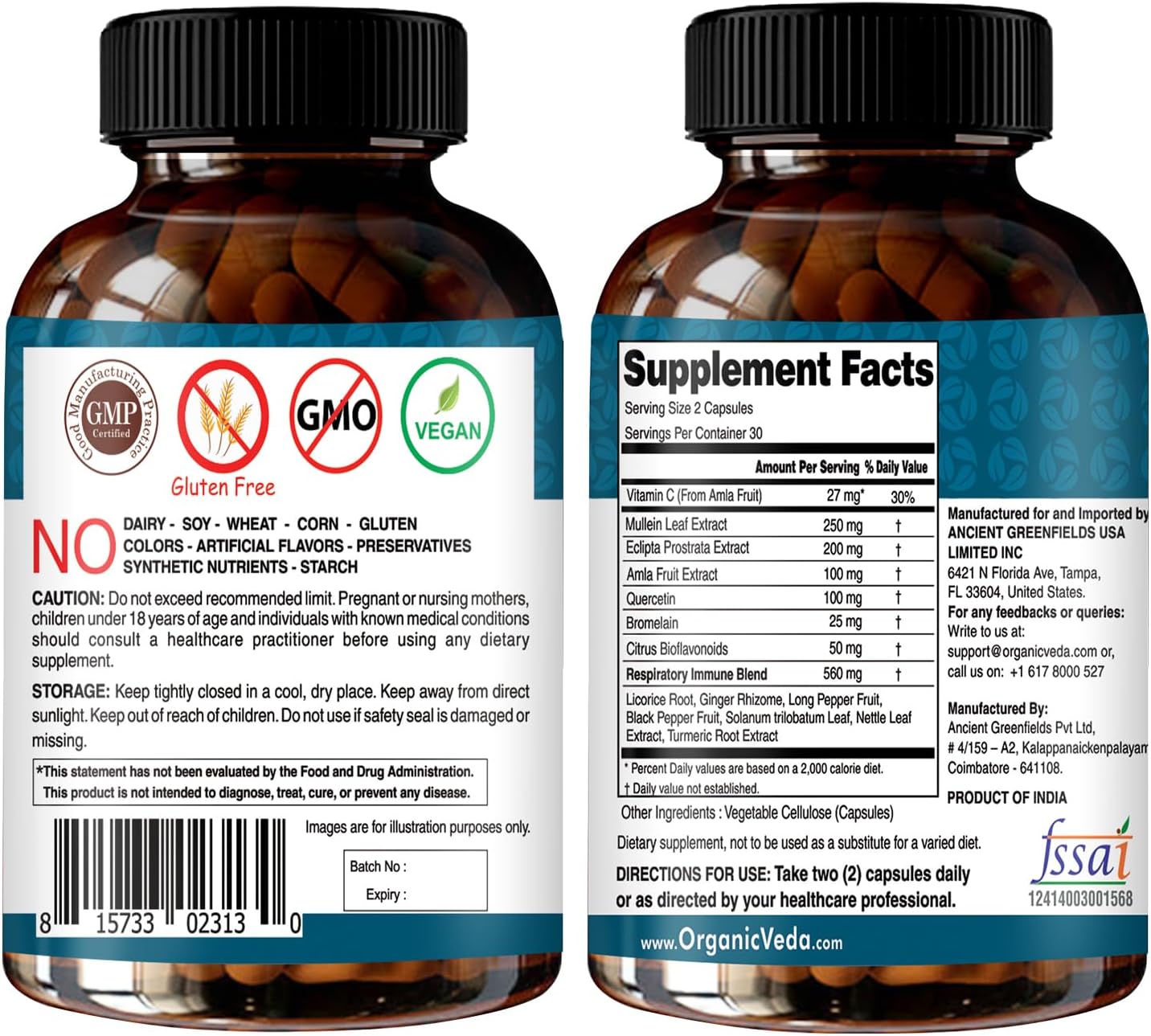 Lung Cleanse Capsules with Organic Mullein Leaf Extract, Vitamin C, Turmeric - Respiratory Health Supplement for Clear Bronchial Support - 60 Pills