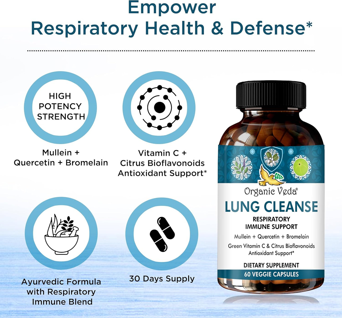 Lung Cleanse Capsules with Organic Mullein Leaf Extract, Vitamin C, Turmeric - Respiratory Health Supplement for Clear Bronchial Support - 60 Pills