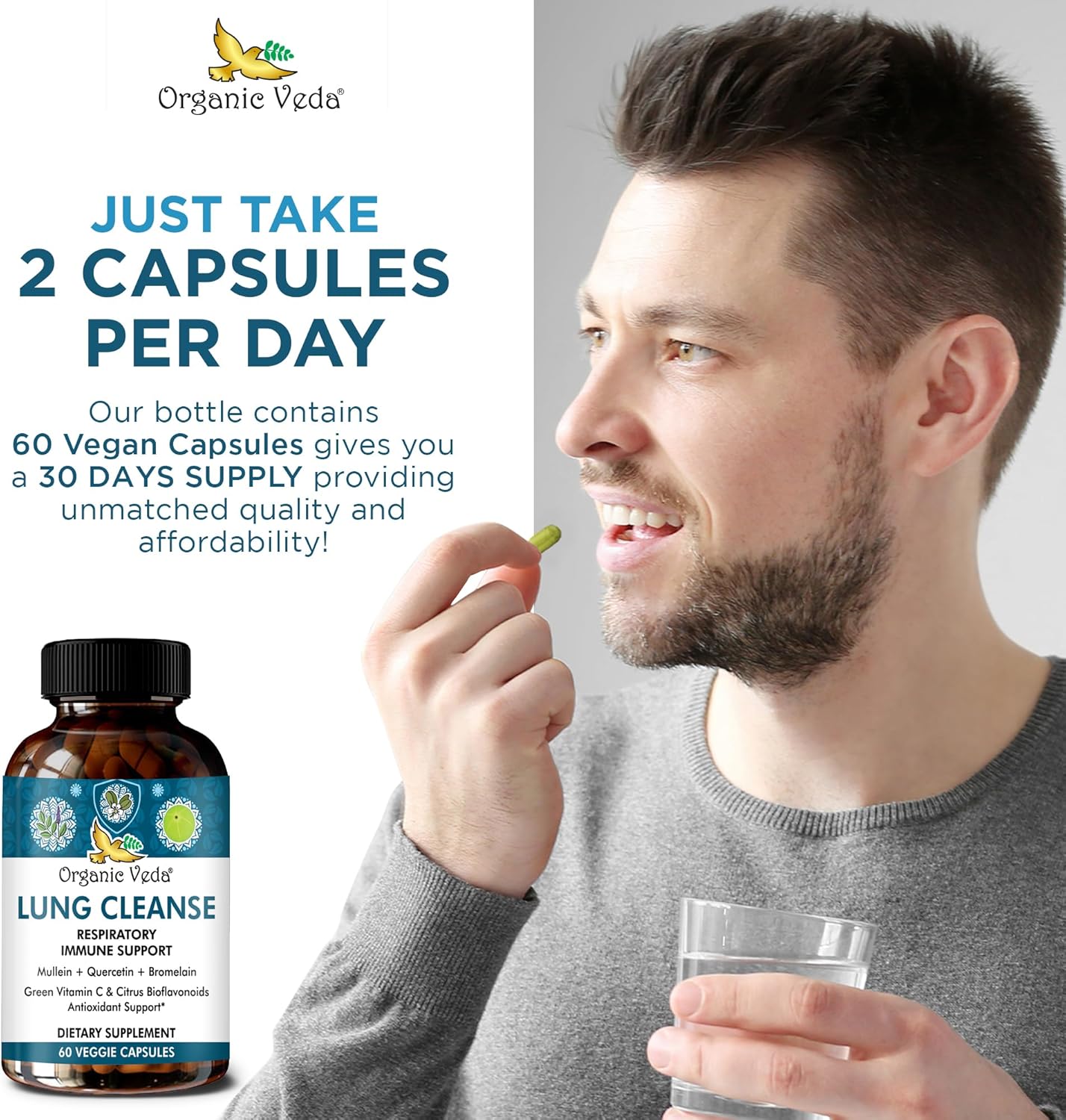 Lung Cleanse Capsules with Organic Mullein Leaf Extract, Vitamin C, Turmeric - Respiratory Health Supplement for Clear Bronchial Support - 60 Pills