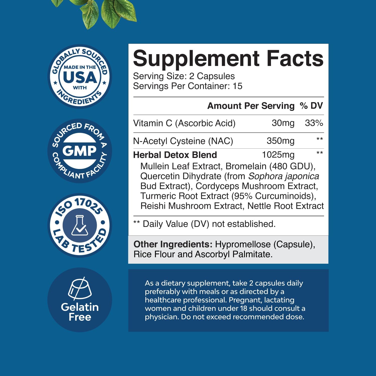 Lung Detox Mullein Leaf Capsules with NAC, Quercetin, & Cordyceps Extract - Respiratory Support Supplement for Sinus Health & Immunity - 30ct