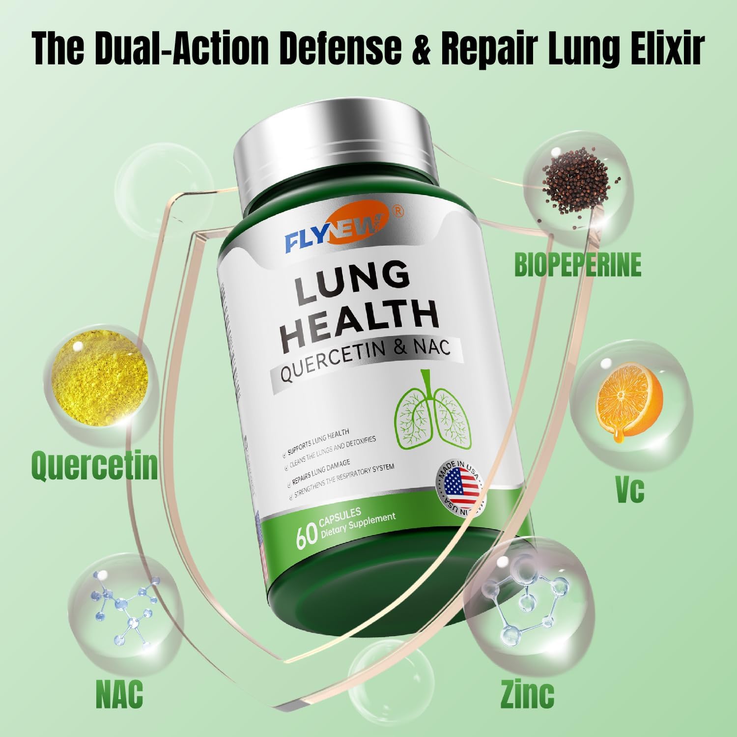 Lung Health Support Capsules with Quercetin, NAC, and Vitamin C - 60 Count - GMP Certified - Made in USA