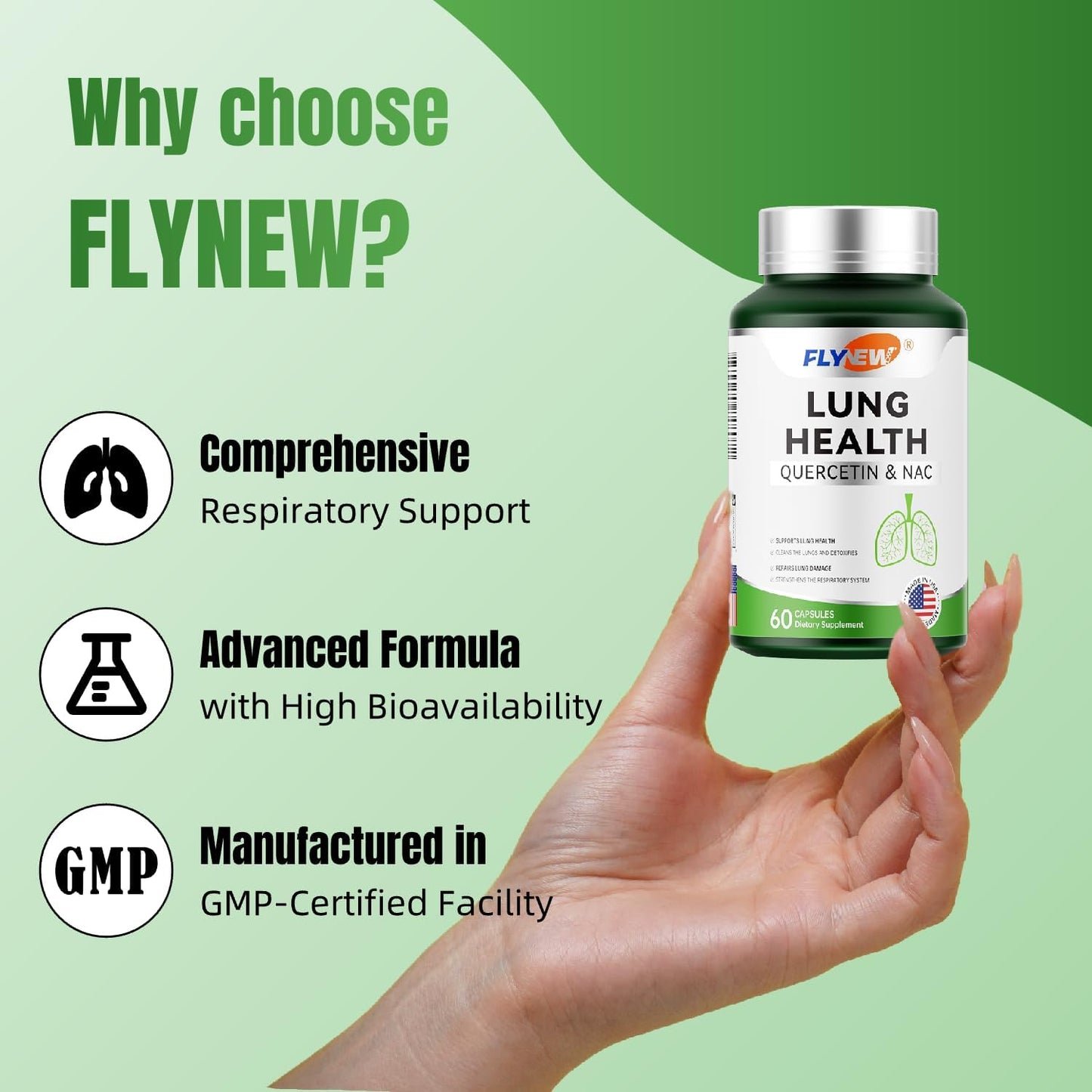 Lung Health Support Capsules with Quercetin, NAC, and Vitamin C - 60 Count - GMP Certified - Made in USA