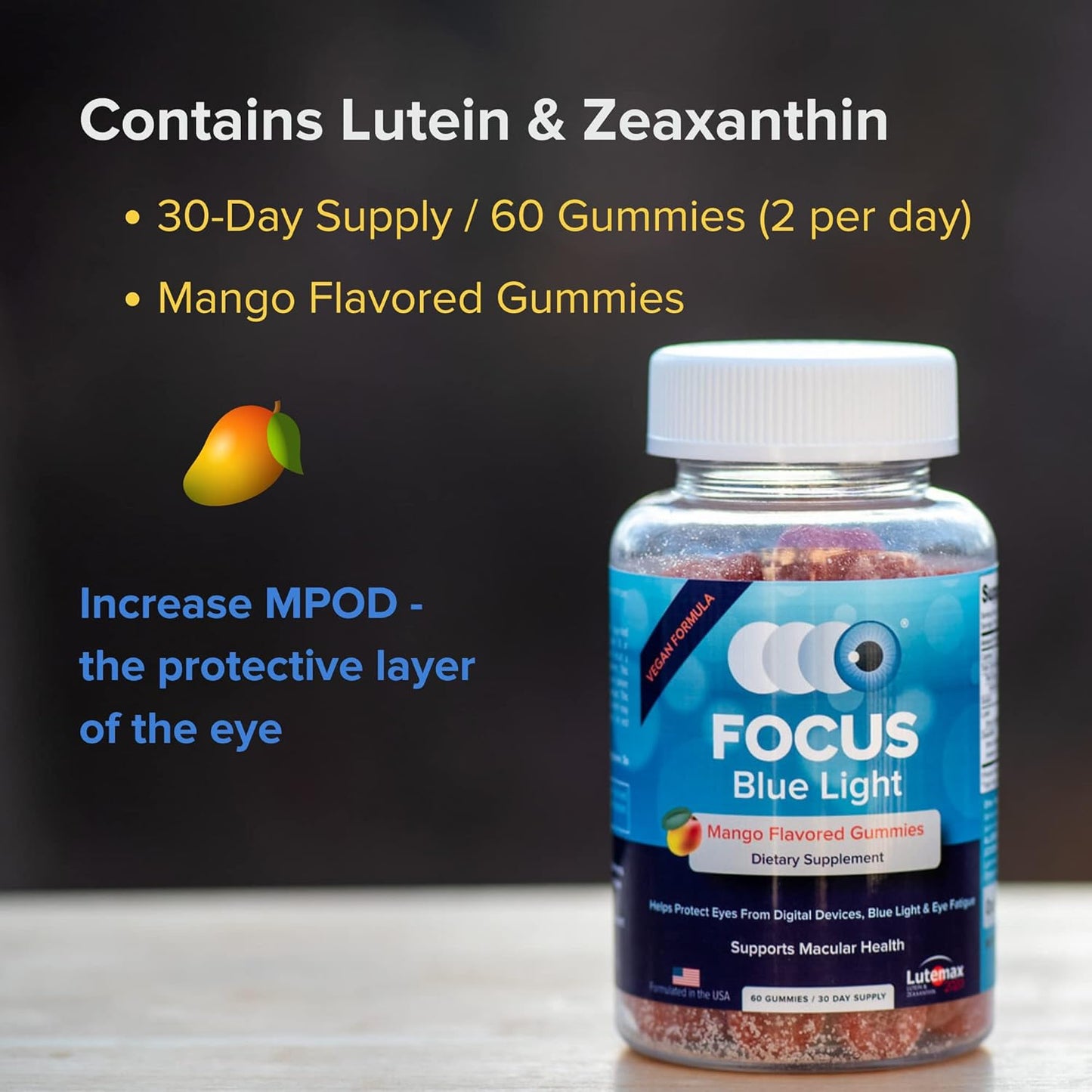 Lutein and Zeaxanthin Blue Light Gummy Supplements for Eye Health - 60 Count - Mango Flavor - 30 Day Supply