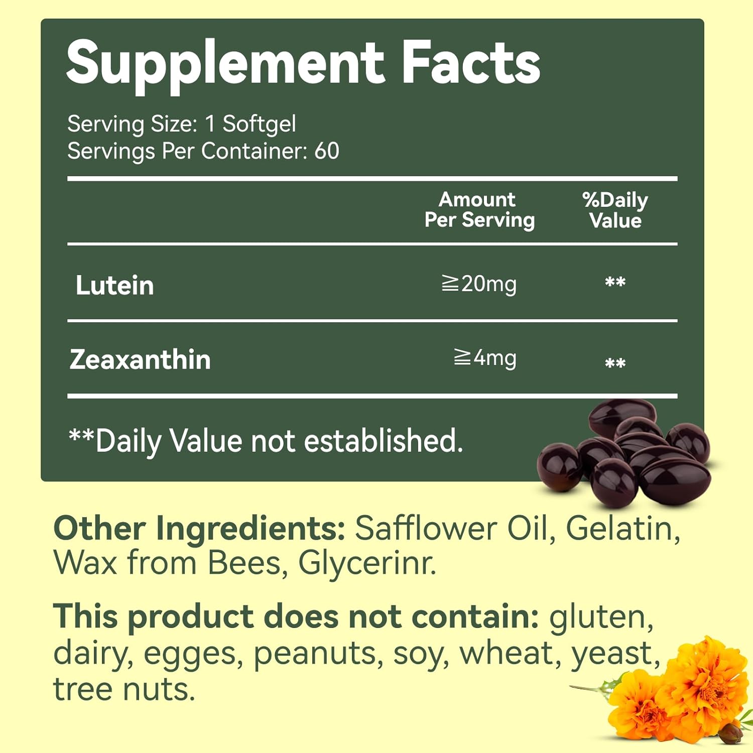 Lutein and Zeaxanthin Eye Supplements for Vision Health - 20mg Lutein, Vegan Softgels for Eyestrain Relief, 60 Count