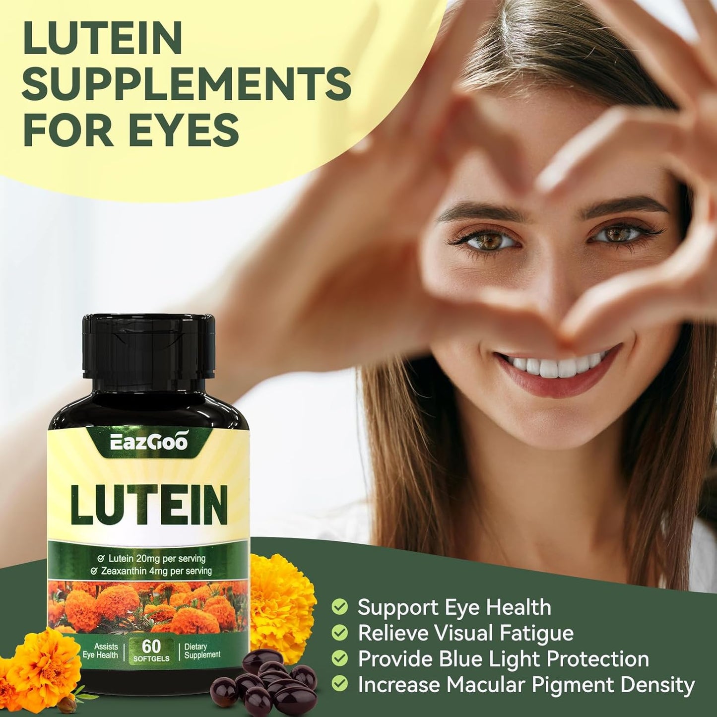 Lutein and Zeaxanthin Eye Supplements for Vision Health - 20mg Lutein, Vegan Softgels for Eyestrain Relief, 60 Count