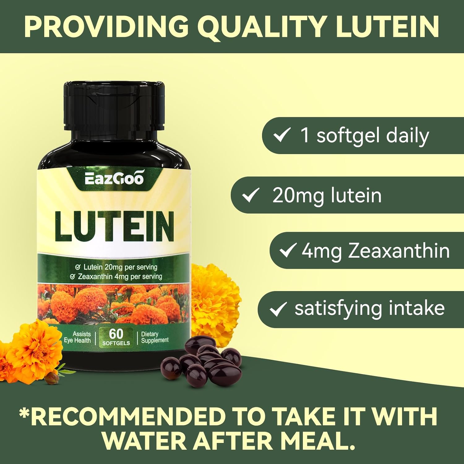 Lutein and Zeaxanthin Eye Supplements for Vision Health - 20mg Lutein, Vegan Softgels for Eyestrain Relief, 60 Count