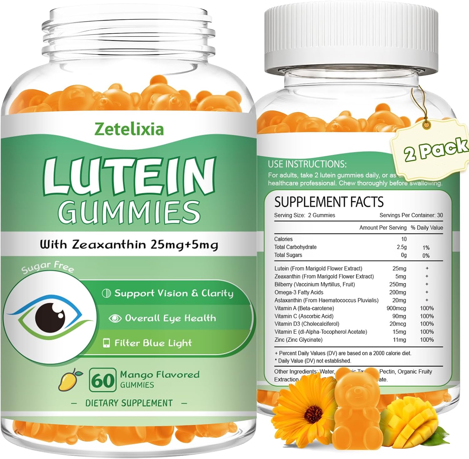 Lutein and Zeaxanthin Gummies for Adults - 10 in 1 Eye Vitamins Supplement - 2 Pack Mango Flavored Gummies for Vision and Blue Light Protection - 120 Count