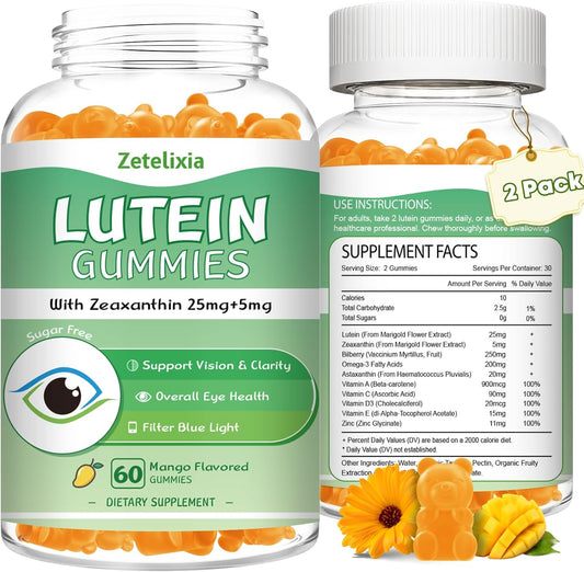 Lutein and Zeaxanthin Gummies for Adults - 10 in 1 Eye Vitamins Supplement - 2 Pack Mango Flavored Gummies for Vision and Blue Light Protection - 120 Count